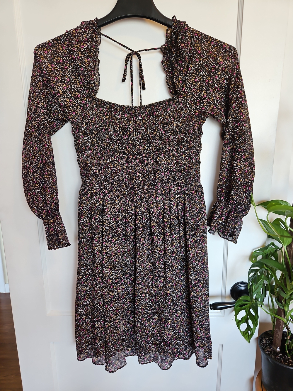 Dex Black Smocked Long-Sleeve Floral Mini Dress